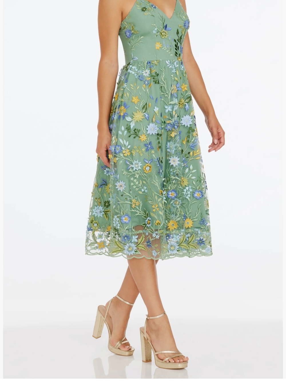 Dress the Population Sage Green Embroidered Midi Skirt with Floral Detail